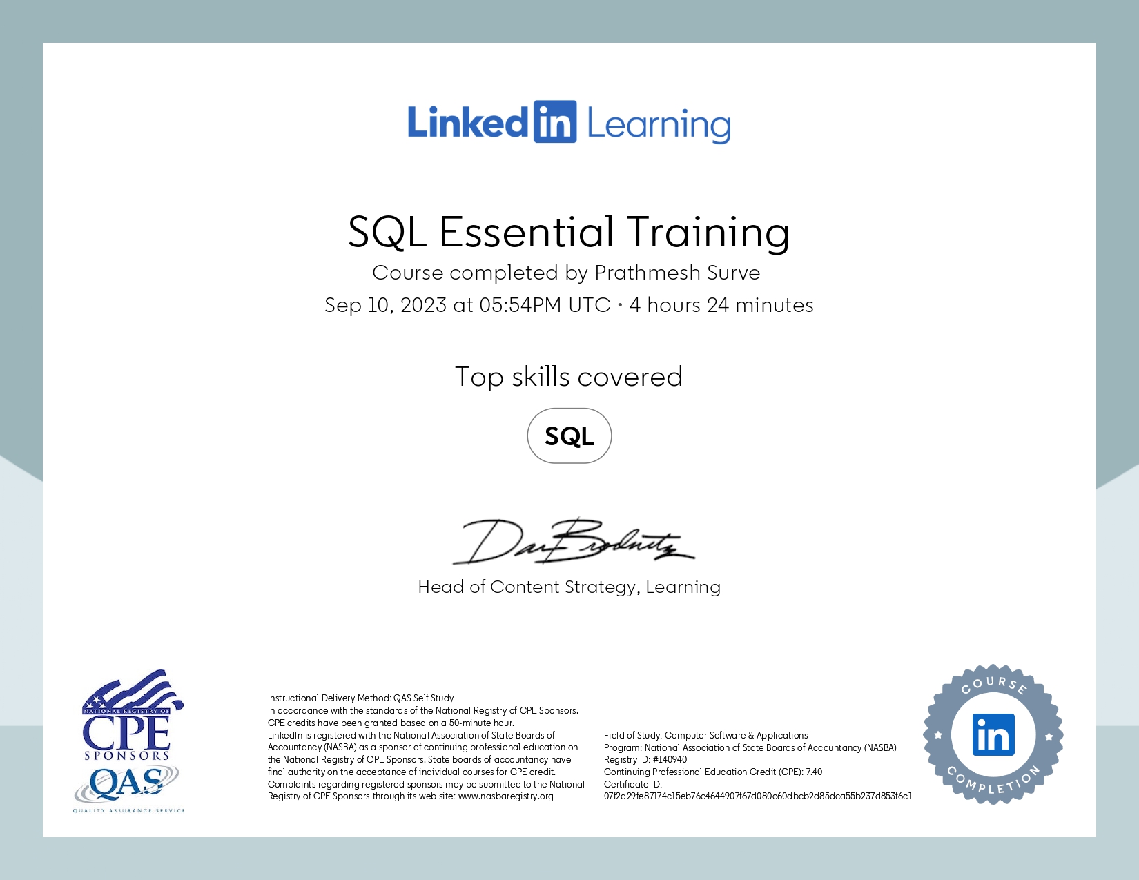 SQL Essential Training Certificate by LinkedIn